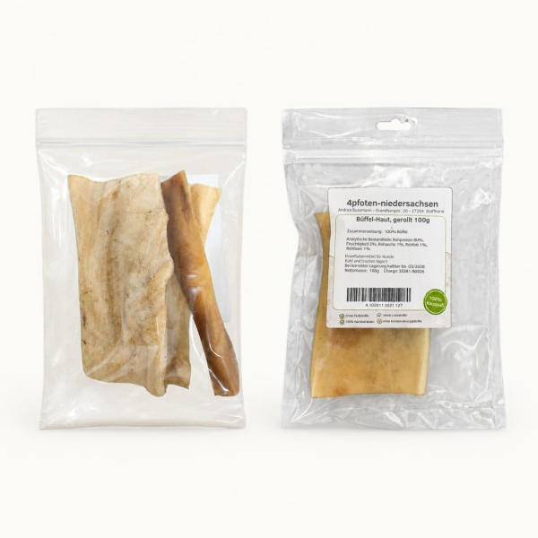 Gerollte Büffelhaut als Kausnack für Hunde, 100 g. Aus einer einzigen Fleischsorte, ohne Zusätze, für ausdauernde Kauer.